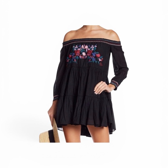 Free People Dresses & Skirts - Free People Black Off-Shoulder Embroidered Tiered Mini Dress